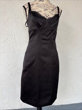 Max & Cleo Black Satin Slip Dress with Lace Trim